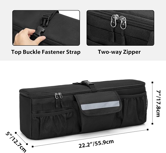 GRAOSO Car Trunk Organizer Compatible with Toyota FJ Cruiser 2007-2021, Rear Storage Bag with 3 Pieces of 1.5” Wide Hook&Loop Tapes, 2 Adjustable Hanging Loops, Multiple Pockets, Black