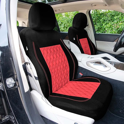 Universal Fit Diamond Stitched Flat Cloth Car Seat Covers Full Set - Red