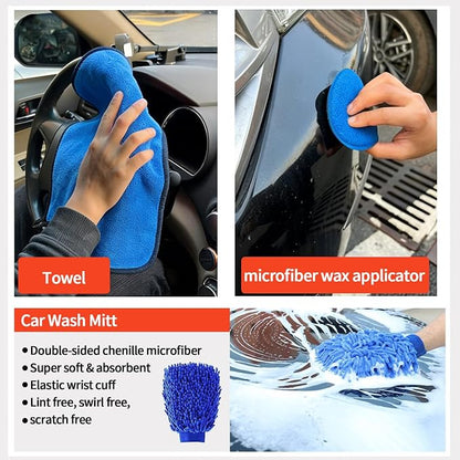23Pcs Car Wash Kit,62" Car Wash Brush Mop with Long Handle,Car Cleaning Kit,Car Detailing Brush Set,Car Wash Bucket with Filter,Windshield Window Squeegee for Cars RV Truck Boat