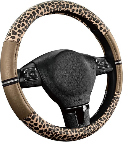 Road Comforts Leopard Steering Wheel Cover for Women, Cute Anti-Slip Microfiber Leather, Universal Fit 14.5-15 Inch Round Steering Wheel - Beige