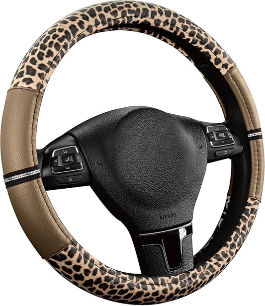 Road Comforts Leopard Steering Wheel Cover for Women, Cute Anti-Slip Microfiber Leather, Universal Fit 14.5-15 Inch Round Steering Wheel - Beige