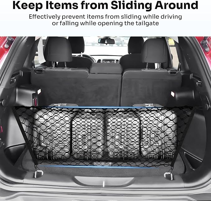 Canvcle Trunk Cargo Net for 2014-2023 Jeep Cherokee Accessories Envelope Style Mesh Trunk Net Organizer and Storage Stretchable Adjustable Elastic Nylon Rear Cargo Netting with Hooks