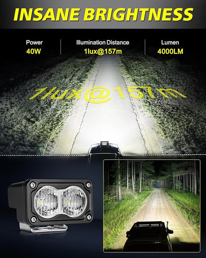 LED Pods with Wiring Harness & Black Covers 3" 40W CREE LED Driving Flood Offroad Lights Small Backup Ditch Lights 2 Packs for Trucks Motorcycle SUV UTV ATV Dirt Bike