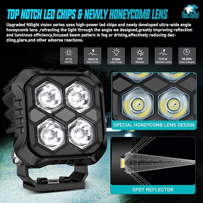 Nilight LED Pod Light 2 PCS 2.8 Inch 20W Square 4 LED Hyper Spot Beam Driving Offroad Lights w/18AWG Rocker Switch Wiring Harness Kit for Truck Motorbike Boat ATV UTV