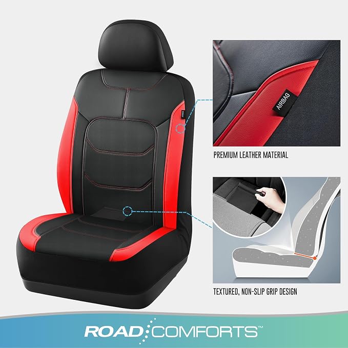 Road Comforts Seat Covers, Premium Leather Car Seat Covers Front Seats,Airbag Compatible, Automotive Seat Covers Universal Fit Most Cars,Vans,Truck,SUV Red