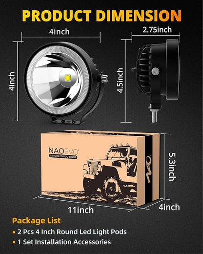 NAOEVO 4 Inch Round LED Pod Lights, 60W 6000LM LED Spot Off Road/Driving/Fog Lights for Truck Car ATV UTV Boat Motorcycle, 2-Pack (White)