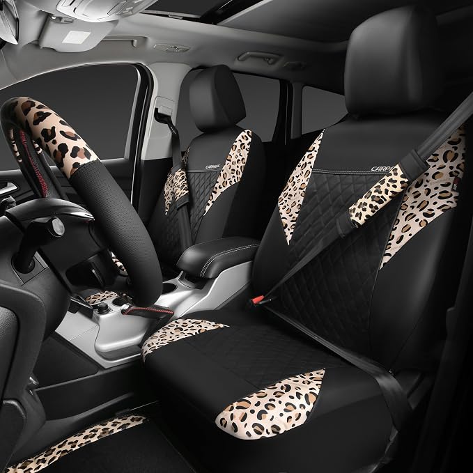 CAR PASS Leopard Print Faux Leather Car Seat Covers & Leopard Car Mats&Leopard Steering Wheel Cover Seat Belt Pad Universal Car Accessories for SUV,Van,Saden,Truck Automobile Interior Sets