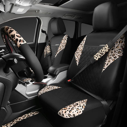 CAR PASS Leopard Print Faux Leather Car Seat Covers & Leopard Car Mats&Leopard Steering Wheel Cover Seat Belt Pad Universal Car Accessories for SUV,Van,Saden,Truck Automobile Interior Sets