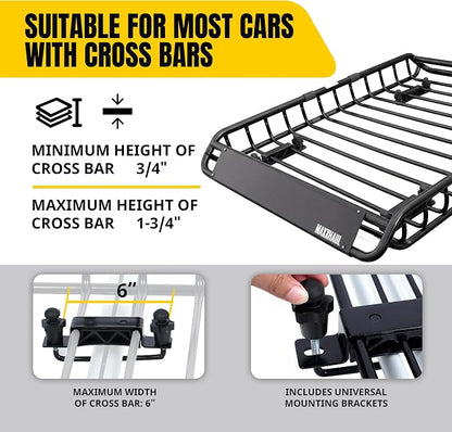 MaxxHaul Steel Roof Rack Cargo Basket, 46" x 36" x 4.5" Roof Top Carrier, Universal Fit for Cars, SUVs, Vans, and RVs, 150 lb Capacity, Weather-Resistant Easy-Install Cargo Storage (70115)