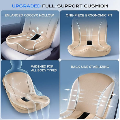 Coverado Car Seat Cushion and Lumbar Support Pillow One Piece, Napa Leather Memory Foam Ergonomic Back Support Driving Seat Cushion for Back Pain, Non-Slip Washable Cushion for Car, Driver, Office