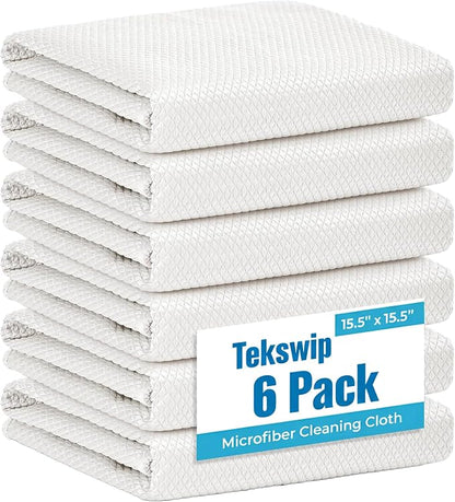 Microfiber Glass Cleaning Cloth 6 Pack, 15.5x15.5 Inch White Magic Cleaning Rags, Lint Free Streak Free Reusable Towels for Windows, Mirrors, Cars, Screens, Kitchen and Stainless Steel Surface