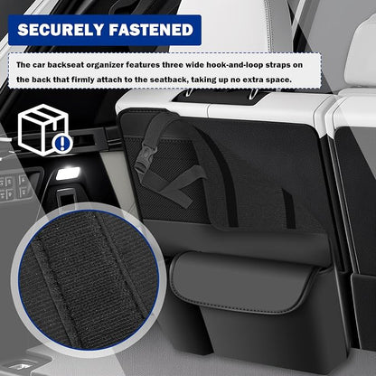 Leather Car Trunk Organizer,Large Capacity Backseat Car Organizer with 2 Mesh Pockets & Cup Holder,Detachable Hanging Cars Organizers and Storage for Family Road Trips