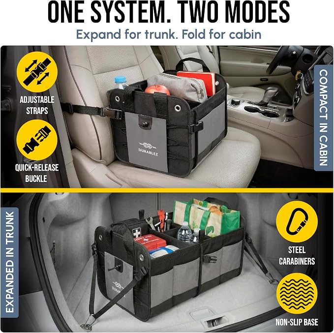 Compact Car Trunk Organizer 2-Section – Grocery, Tools, Cleaning Supplies Storage – Foldable Dual-Compartment Cargo Bin with Cover Net – Gray