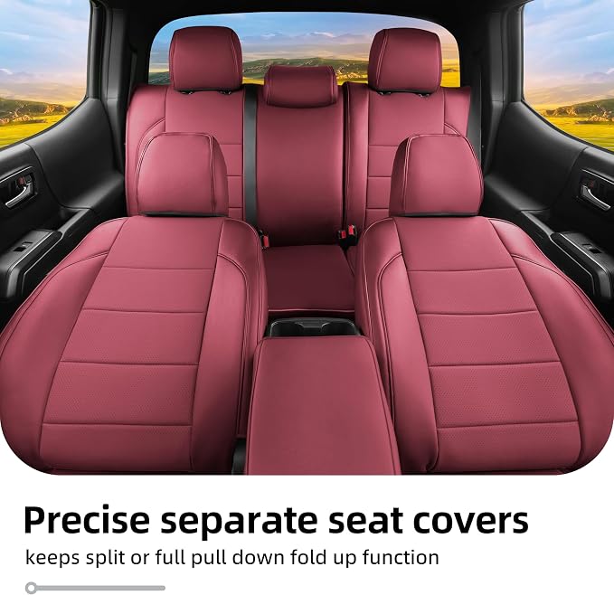 Lolcar Custom Fit Tacoma Car Seat Covers for Select Toyota Tacoma 2016 2017 2018 2019 2020 2021 2022 2023 Double Cab/Crew Cab -Full Set,Leather (Burgundy