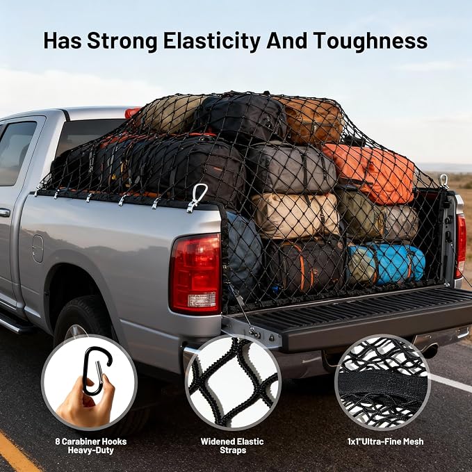 Heavy Duty Cargo Net for Truck Bed,Durable Truck Bed Extender Tailgate Cargo Net with 4 Adjustable Buckle Straps,Fit for Full Size Pickup (48‘’x48’’(Single Layer))