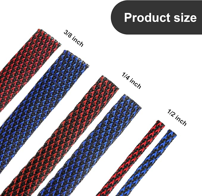 Xuniea 96ft Wire Loom Braided Cable Sleeve Covers Cord Management with 127 Pcs Tube Heat Shrinkable for Audio Video Cable Cord Protectors from Pets(1/2, 1/4, 3/8 Inch,Red, Blue and Black)