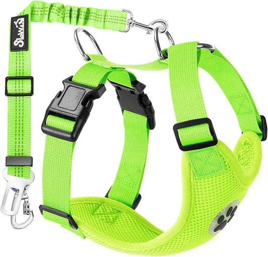 Lukovee Dog Car Harness Seat Belt, Adjustable Mesh Breathable Vest with Elastic Bungee Tether, Soft Padded 2-in-1 Safety Car Harness Seatbelt for Small Medium Large Dogs (Lime Green,S)