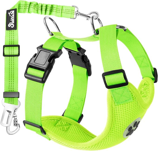 Lukovee Dog Car Harness Seat Belt, Adjustable Mesh Breathable Vest with Elastic Bungee Tether, Soft Padded 2-in-1 Safety Car Harness Seatbelt for Small Medium Large Dogs (Lime Green,M)