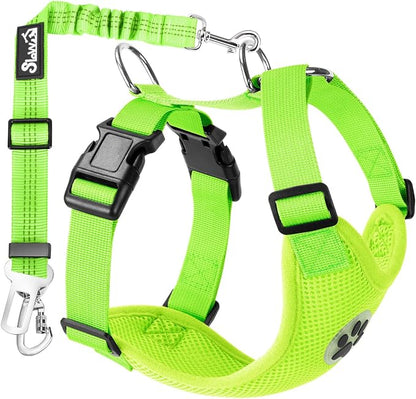 Lukovee Dog Car Harness Seat Belt, Adjustable Mesh Breathable Vest with Elastic Bungee Tether, Soft Padded 2-in-1 Safety Car Harness Seatbelt for Small Medium Large Dogs (Lime Green,L)