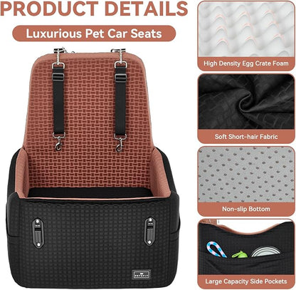 PETSFIT Dog Car Seat for Small/Medium Dogs Up to 35 lbs – Patented Safety System, 5" Memory Foam Pet Booster Car Seat, Fully Detachable and Washable Dog Carseat with 2 Storage Pockets (Black/Brown)
