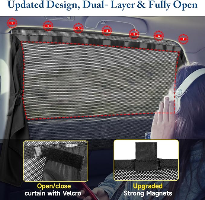 Car Window Shades, 2 Pack Car Sun Shade for Baby, Double Layer & Fully Open, Magnetic Back Window Curtain, Sun Shade Covers Privacy Screen