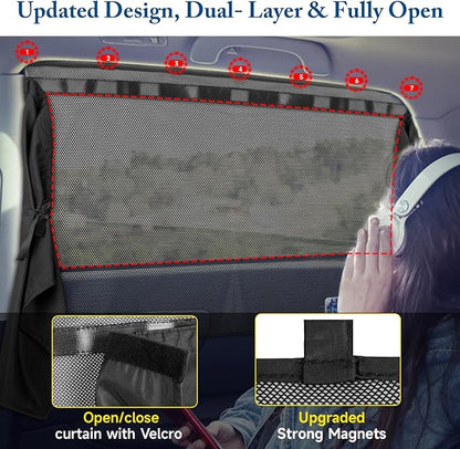 Car Window Shades, 2 Pack Car Sun Shade for Baby, Double Layer & Fully Open, Magnetic Back Window Curtain, Sun Shade Covers Privacy Screen