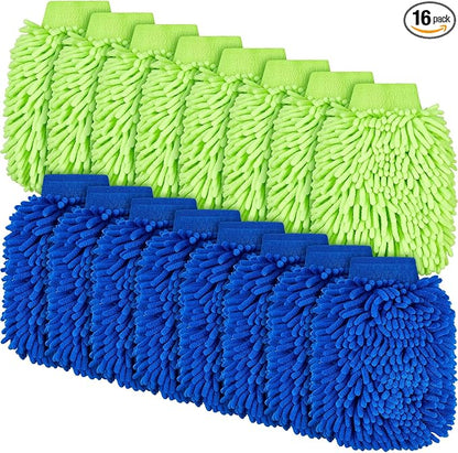 Toulite 16 Pcs Car Wash Mitt Chenille Microfiber Wash Mitt Double Sided Glove Cleaning Drying Mitts (7.48 x 10.24 Inch,Royal Blue,Green)