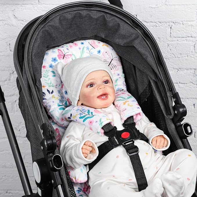 Infant Car Seat Insert Girls, Soft Car Seat Head Support Baby & 2 Strap Pads, Preemie Newborn Carseat Insert Reversible Fits for Stroller, Baby Swing, Rocker, Bassinets, Bouncer, Butterfly