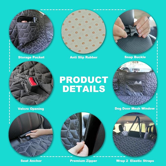 Meginc Dog Car Seat Cover for Back Seat, 60" Waterproof Dog Car Hammock with Mesh Window and Side Flaps, 600D Oxford Fabric Pet Seat Protector for Cars, SUVs & Mid-Size Trucks, Black