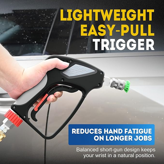 TOOLCY Pro Short Pressure Washer Gun 5000 PSI with Swivel, 304 Stainless Steel 3/8" Quick Connect Inlet, High Pressure Washer Gun with 1/4" Quick Connect, Includes 3/8" QC to M22-14mm Adapter