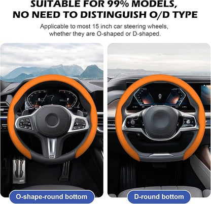 Frani Nappa Leather Steering Wheel Cover,Universal Fit 15 Inch-Premium Non-Slip Breathable Comfort Grip for Cars Trucks SUVs,Anti-Slip Durable Interior Upgrade Orange