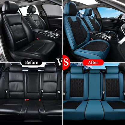 Coverado Seat Covers Full Set, 5 Seats Breathable Faux Leather Seat Covers for Cars, Car Seat Cover Winter, Car Seat Protector Car Seat Cushion, Automotive Seat Cover Universal Fit Most Vehicles, Blue
