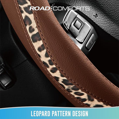 Road Comforts Steering Wheel Cover - Made with PVC Leather and Leopard Fabric - Universal 14 1/2 inches to 15 inches for Most Automotive Steering Wheel - Cheetah Print - Brown
