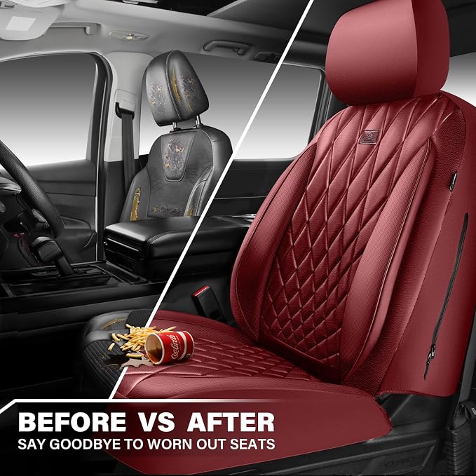 CAR PASS Piping Luxury Faux PU Leather Two Front Car Seat Covers, Waterproof Anti Slip Premium Automotive Seat Covers,Universal Fit for Suvs,Vans,Trucks, Armrest Airbag Compatible, Burgundy Red