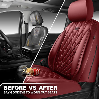 CAR PASS Piping Luxury Faux PU Leather Two Front Car Seat Covers, Waterproof Anti Slip Premium Automotive Seat Covers,Universal Fit for Suvs,Vans,Trucks, Armrest Airbag Compatible, Burgundy Red