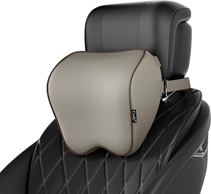 Crofy 2 Pack Car Neck Pillow, Softness Car Headrest Pillow for Driving with Adjustable Strap, 100% Memory Foam and Breathable Removable Cover, Comfortable Ergonomic Design, Gray & Brown
