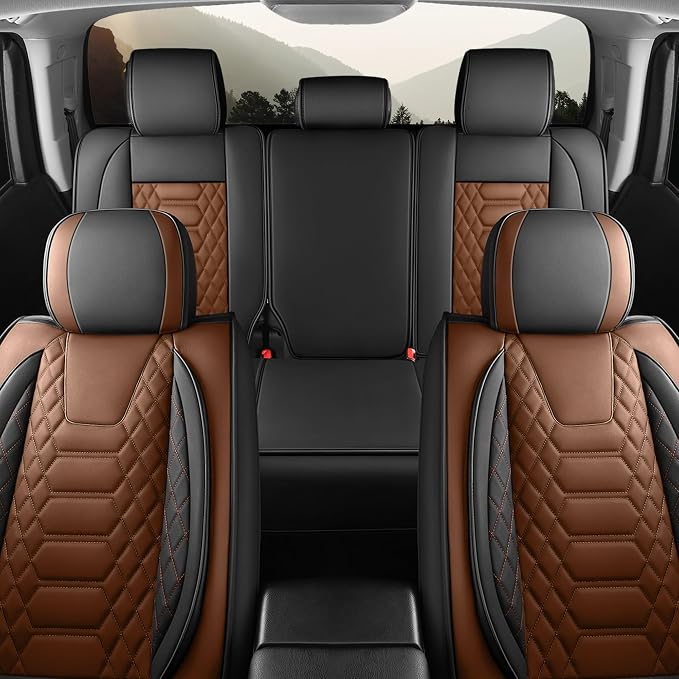 FREESOO Tundra Seat Covers 2014-2021 Full Set, Fit for Toyota Tundra Crewmax Cab, Custom Truck Seat Covers with Waterproof Faux Leather BlackBrown