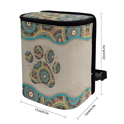 Talayituse Boho Mandala Print Car Trash Can, Dog Paw Design Portable Auto Garbage Bin Multifunctional Vehicle Interior Accessories with Adjustable Straps Universal Fit Truck SUV Sedan
