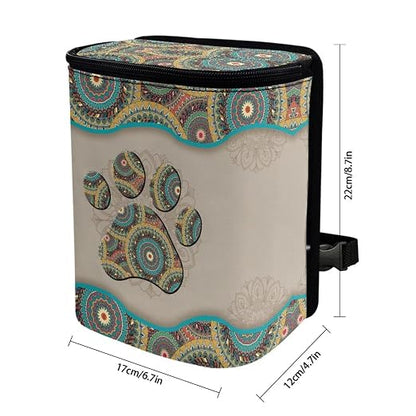 Talayituse Boho Mandala Print Car Trash Can, Dog Paw Design Portable Auto Garbage Bin Multifunctional Vehicle Interior Accessories with Adjustable Straps Universal Fit Truck SUV Sedan