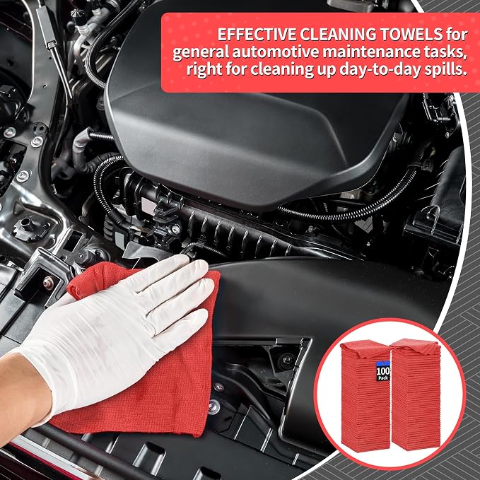 Shop Towels Rags, 100 Pack Microfiber Cleaning Cloth Bulk Absorbent Detailing Rags, Lint-Free Microfiber Towels for Cars, Mechanic, Shop, Garage & Housekeeping 11.5"*11.5" Red