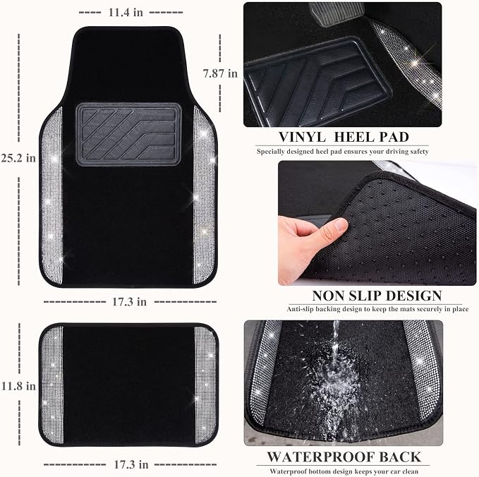 CAR PASS Rhinestone Bling Diamond Car Seat Covers Leather Shining Car Floor Mats Carpet Waterproof Anti-Slip Nibs Car Accessories Interior Sets for Women Silver Glitter White Sparkly Crystal