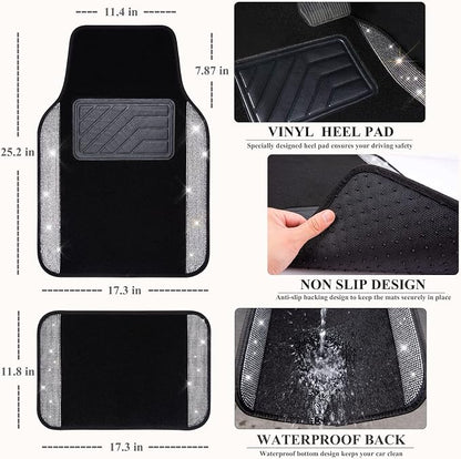 CAR PASS Rhinestone Bling Diamond Car Seat Covers Leather Shining Car Floor Mats Carpet Waterproof Anti-Slip Nibs Car Accessories Interior Sets for Women Silver Glitter White Sparkly Crystal