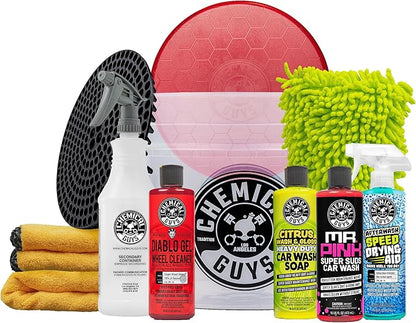 Chemical Guys Best Car Wash Bucket Kit for Two-Bucket Method with Soap, Wash Mitts, Towels, and Dirt Trap - 11 Item Kit - 11 Piece Weekly Wash Kit with Bucket, Mitts, and Dirt Trap