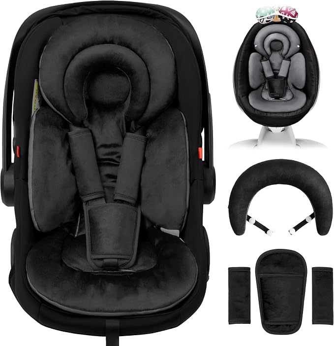 TinlyFinly Infant Car Seat Insert with Removable Cushion for Preemie to Toddler, Reversible Newborn Carseat Insert for Baby Head Body Support, Fits for Stroller, Baby Swing, Bouncer (Pure Black)