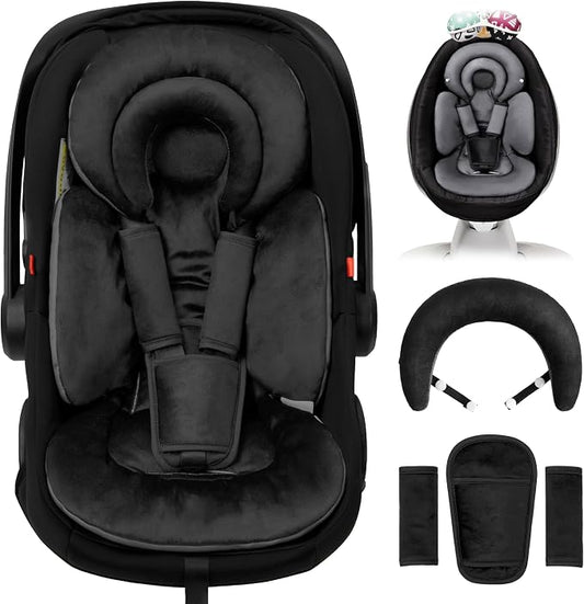 TinlyFinly Infant Car Seat Insert with Removable Cushion for Preemie to Toddler, Reversible Newborn Carseat Insert for Baby Head Body Support, Fits for Stroller, Baby Swing, Bouncer (Pure Black)