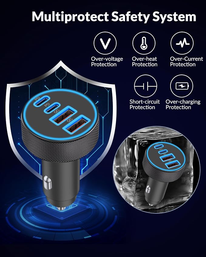 [4 in 1] USB C Car Charger, 4-Port 90W Super Fast Charging Cigarette Lighter Adapter, Dual 45W USBC & USB-A Multiport Car Phone Charger Accessories for iPhone 17 16 15 14 13 12, iPad, Galaxy, Tablet