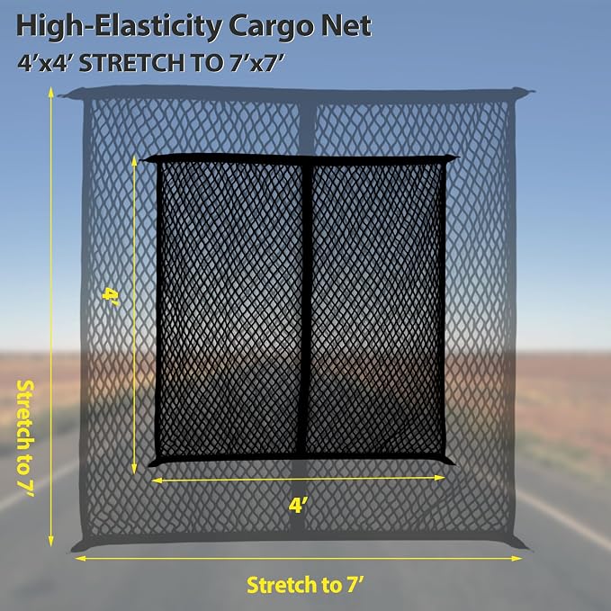 Cargo Net for Pickup Truck Bed, Trucks Cargo Net Mesh Organizer, 4'x4' Stretch to 7'x7' Highly Elastic Truck Bed Net for Camping, Trip Luggage, Compatible with Trailer, Ford, Chevrolet, Dodge