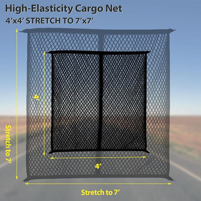 Cargo Net for Pickup Truck Bed, Trucks Cargo Net Mesh Organizer, 4'x4' Stretch to 7'x7' Highly Elastic Truck Bed Net for Camping, Trip Luggage, Compatible with Trailer, Ford, Chevrolet, Dodge