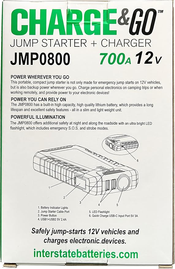 Interstate Batteries Jump Starter and Charger 12V 700A (8,000mAh, 8Ah) Portable LED Jumpstart Battery Power Pack for 12 Volt Automotives, USB Electronics (JMP0800)