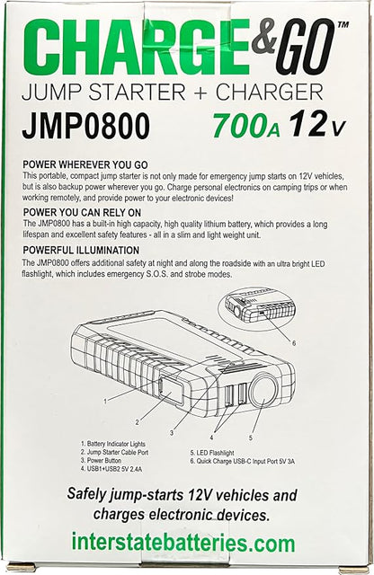 Interstate Batteries Jump Starter and Charger 12V 700A (8,000mAh, 8Ah) Portable LED Jumpstart Battery Power Pack for 12 Volt Automotives, USB Electronics (JMP0800)